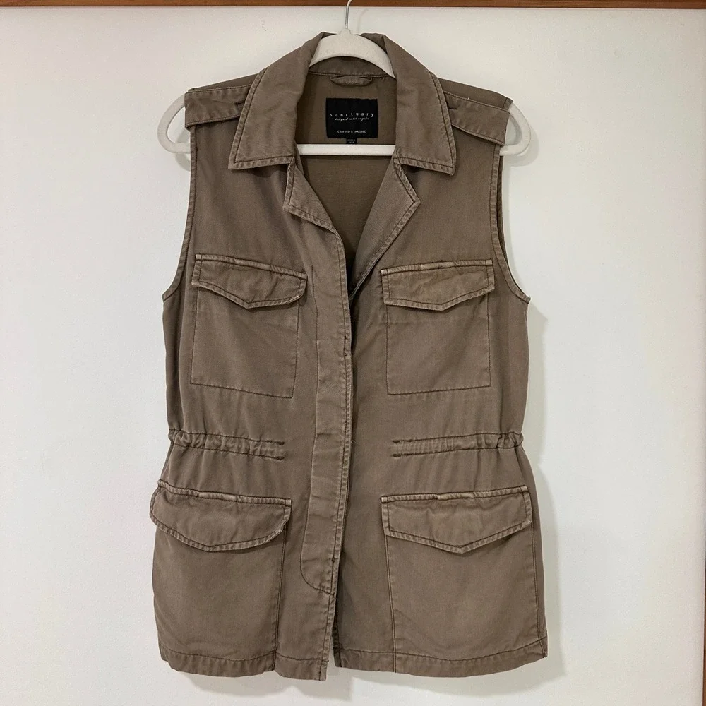 Sanctuary Utility Cargo Vest Womens Small Olive Green Drawstring Waist‎ Military